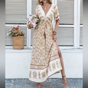 Boho floral print slit thigh drawstring waist maxi dress